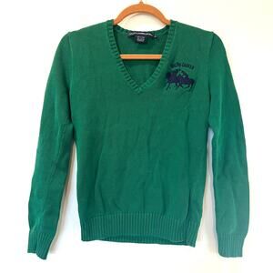 Ralph Lauren Sport Womens Sweater Medium Double Big Pony Embroidered VNeck Green